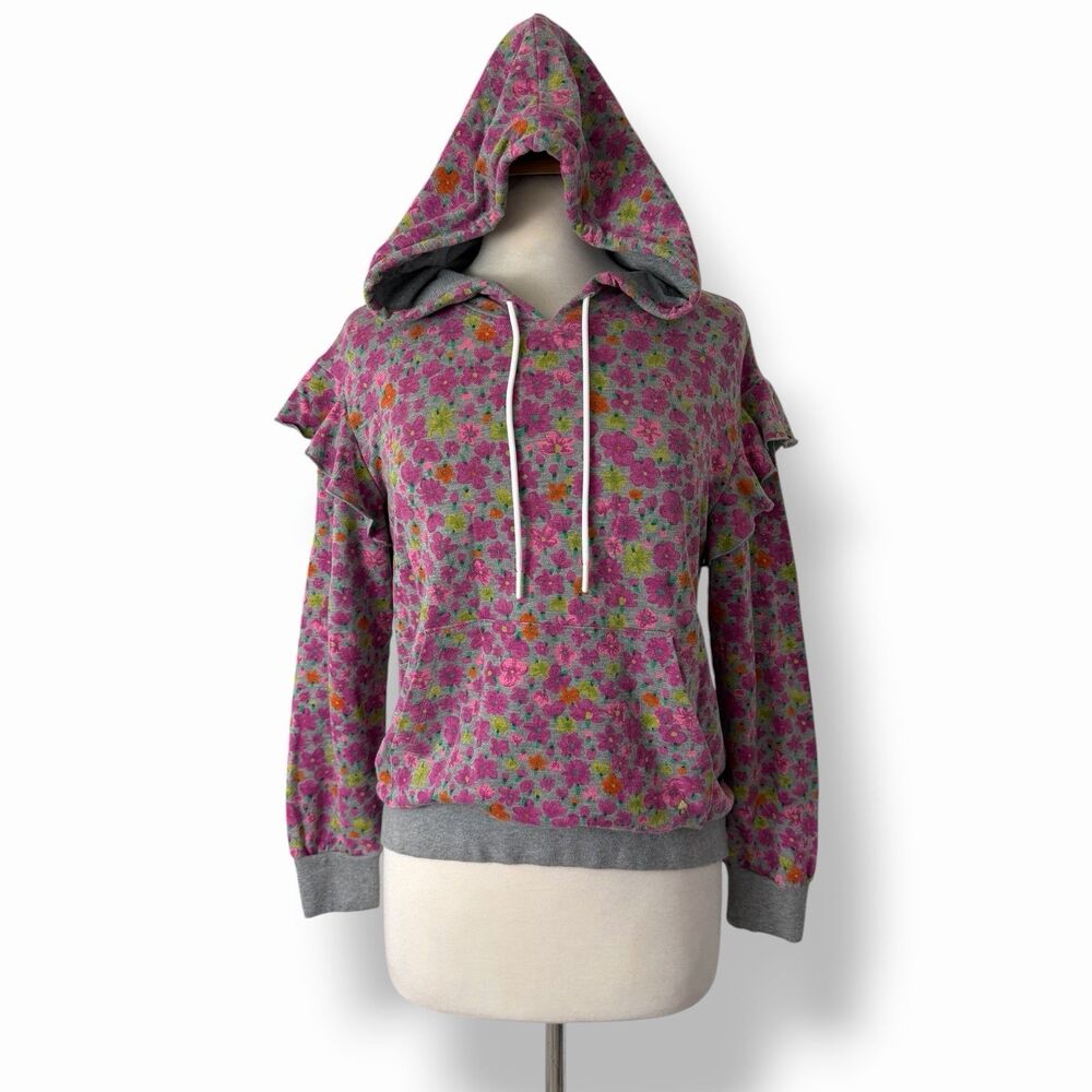 Kate Spade New York Floral Ruffle Hoodie Sweatshirt Gray Pink Size S Coquette